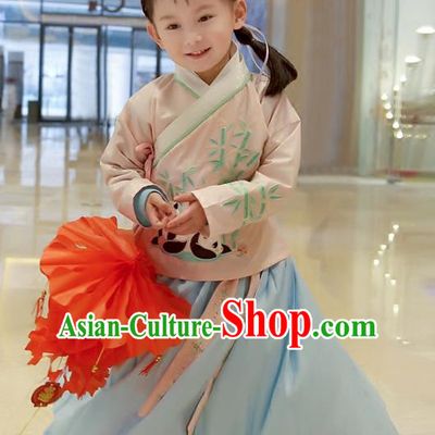 Asian China Ancient Ming Dynasty Children Costume Complete Set, Traditional Chinese Princess Embroidered Bamboo Pink Blouse and Skirts for Kids
