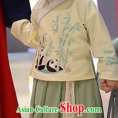 Asian China Ancient Ming Dynasty Children Costume Complete Set, Traditional Chinese Princess Embroidered Bamboo Yellow Blouse and Skirts for Kids