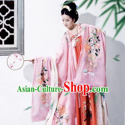 Asian China Ancient Tang Dynasty Palace Lady Costume Pink Cloak, Traditional Chinese Princess Embroidered Wide Sleeve Cardigan for Women