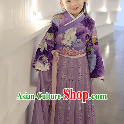 Asian China Ancient Han Dynasty Costume Purple Dress, Traditional Chinese Princess Embroidered Clothing for Kids