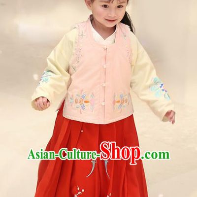 Traditional Chinese Ancient Hanfu Princess Costume Embroidered Pink Vest Blouse and Red Skirt, Asian China Ming Dynasty Palace Lady Clothing for Women