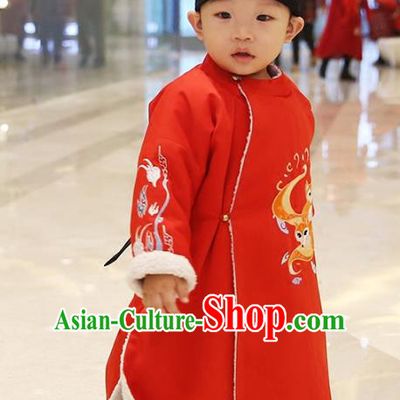 Traditional Chinese Ancient Hanfu Costume Embroidered Red Round Collar Robe, Asian China Ming Dynasty Palace Clothing for Kids