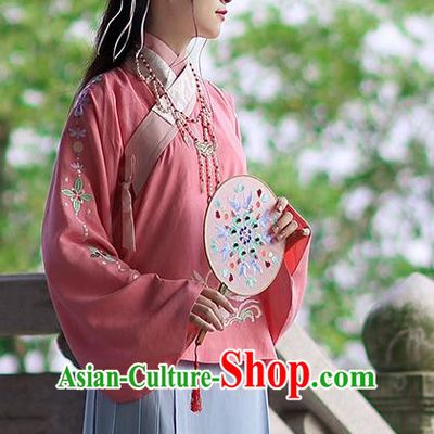 Traditional Chinese Ancient Hanfu Costume Embroidered Peach Pink Blouse, Asian China Ming Dynasty Palace Lady Clothing for Women