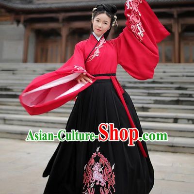 Traditional Chinese Ancient Hanfu Costume Embroidered Blouse and Skirts, Asian China Han Dynasty Palace Lady Clothing for Women