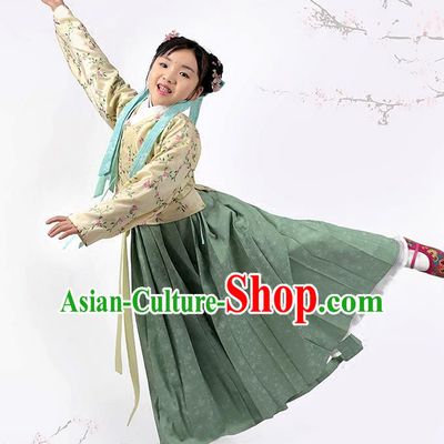 Asian Chinese Ming Dynasty Children Costume Blouse and Skirt, Ancient China Palace Lady Embroidered Clothing for Kids