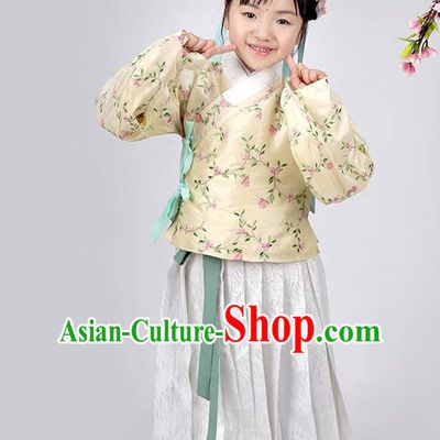 Asian Chinese Ming Dynasty Children Costume Yellow Blouse and Skirt, Ancient China Palace Lady Embroidered Clothing for Kids