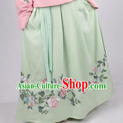 Asian Chinese Ming Dynasty Princess Costume Embroidery Green Skirts, Ancient China Palace Lady Embroidered Dress for Women