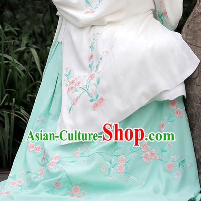 Asian Chinese Ming Dynasty Princess Costume Embroidery Begonia Green Skirts, Ancient China Palace Lady Embroidered Dress for Women