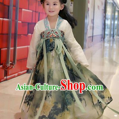 Asian China Ancient Han Dynasty Costume Grey Dress, Traditional Chinese Princess Printing Clothing for Kids