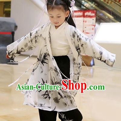 Asian Chinese Han Dynasty Children Hanfu Costume Complete Set, Traditional China Ancient Printing Bamboo Blouse and Pants Clothing for Kids