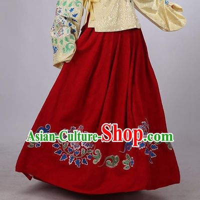 Asian Chinese Ming Dynasty Hanfu Costume Red Embroidery Skirt, Traditional China Ancient Embroidered Dress Clothing for Women
