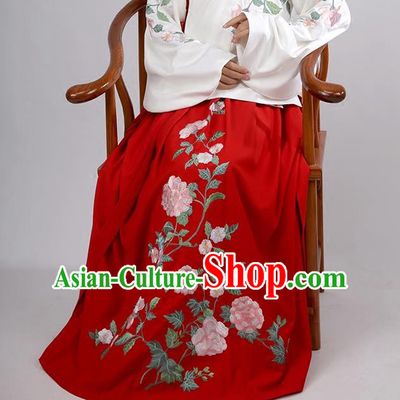 Asian Chinese Ming Dynasty Costume Hanfu Embroidery Red Skirt, Traditional China Ancient Embroidered Dress Clothing for Women