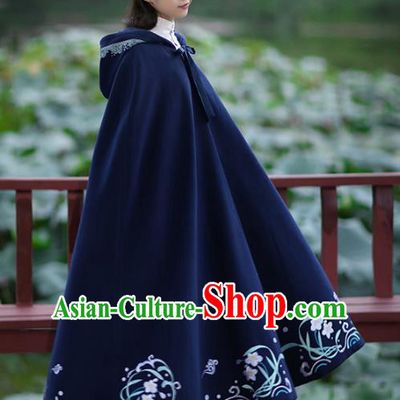 Asian Chinese Ming Dynasty Hanfu Costume Embroidered Swordswoman Cape, Traditional China Ancient Princess Navy Cloak Clothing for Women