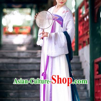 Asian Chinese Tang Dynasty Imperial Concubine Costume Hanfu Purple Embroidery Slip Skirt, Traditional China Ancient Embroidered Dress Clothing for Women