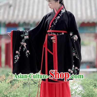 Asian Chinese Han Dynasty Costume Hanfu Embroidery Black Curve Bottom, Traditional China Ancient Embroidered Dress Clothing for Women