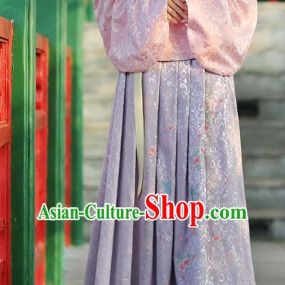 Asian Chinese Song Dynasty Young Lady Costume Hanfu Embroidered Peach Blossom Lilac Skirt, Traditional China Ancient Princess Dress for Women
