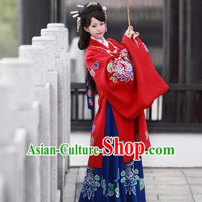 Asian Chinese Tang Dynasty Imperial Princess Costume, Traditional China Ancient Palace Lady Embroidered Red Cloak for Women