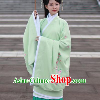 Asian Chinese Han Dynasty Imperial Princess Green Curve Bottom Costume, Traditional China Ancient Palace Lady Embroidered Dress for Women