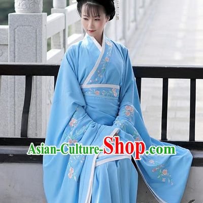 Asian Chinese Han Dynasty Costume Hanfu Embroidery Blue Curve Bottom, Traditional China Ancient Embroidered Dress Clothing for Women