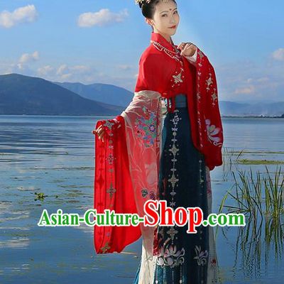 Asian Chinese Tang Dynasty Imperial Princess Wedding Costume, Ancient China Palace Lady Embroidered Bride Red Clothing Complete Set