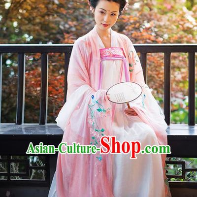 Asian Chinese Tang Dynasty Imperial Concubine Costume Hanfu Pink Embroidery Slip Skirt, Traditional China Ancient Embroidered Dress Clothing for Women