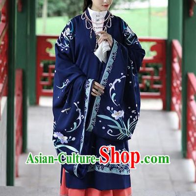 Asian Chinese Song Dynasty Young Lady Costume Navy Cloak, Ancient China Princess Embroidered BeiZi Clothing for Women