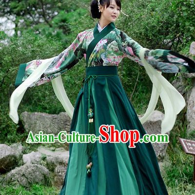 Asian Chinese Tang Dynasty Imperial Concubine Costume Slip Skirt, Ancient China Palace Lady Printing Green Clothing for Women