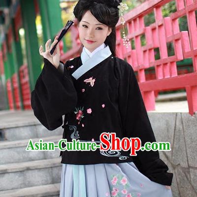 Asian Chinese Ming Dynasty Princess Costume Embroidery Black Blouse, Ancient China Palace Lady Embroidered Upper Outer Garment Clothing for Women