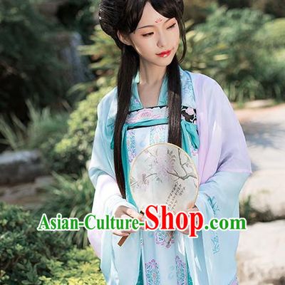 Asian Chinese Tang Dynasty Princess Embroidery Costume Slip Skirt Complete Set, Ancient China Palace Lady Clothing for Women