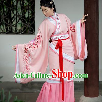 Asian Chinese Han Dynasty Palace Lady Costume Pink Embroidery Curve Bottom, Ancient China Princess Embroidered Hanfu Dress Clothing for Women