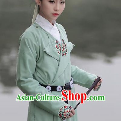 Asian Chinese Ming Dynasty Swordswoman Costume Green Long Robe, Ancient China Imperial Guards Embroidered Hanfu Clothing for Women
