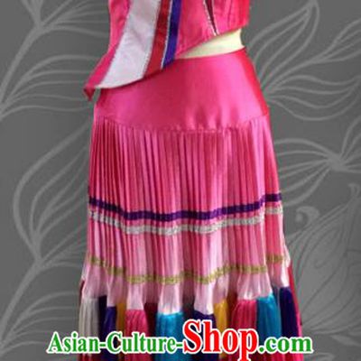 Traditional Chinese Zhuang Nationality Dancing Costume Folk Dance Ethnic Pleated Skirt, Chinese Minority Embroidery Clothing for Women