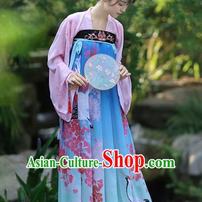 Asian Chinese Tang Dynasty Palace Lady Costume Printing Blue Dress, Ancient China Princess Hanfu Clothing for Women