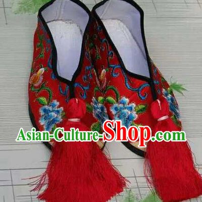 Traditional Chinese Peking Opera Diva Embroidered Shoes, China Ancient Beijing Opera Hua Tan Red Blood Stained Shoes for Women