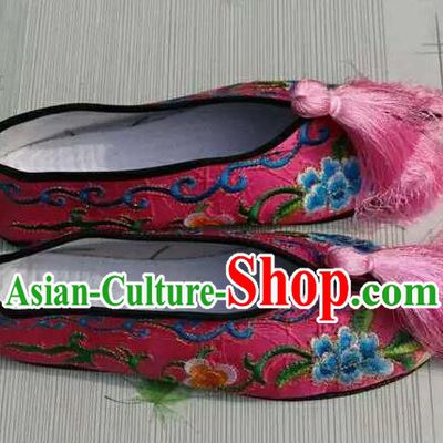 Traditional Chinese Peking Opera Diva Embroidered Shoes, China Ancient Beijing Opera Hua Tan Pink Blood Stained Shoes for Women