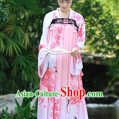 Asian Chinese Tang Dynasty Palace Lady Costume Printing Pink Dress, Ancient China Princess Hanfu Clothing for Women