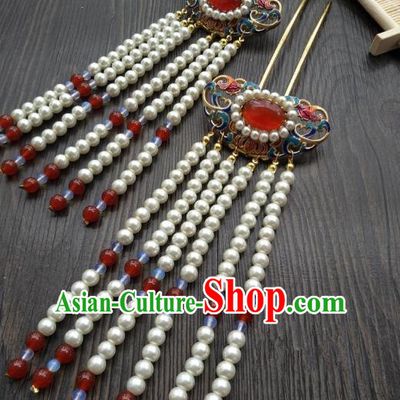 Traditional Handmade Chinese Hair Accessories Blueing Lotus Hairpins, China Palace Lady Hanfu Tassel Step Shake for Women