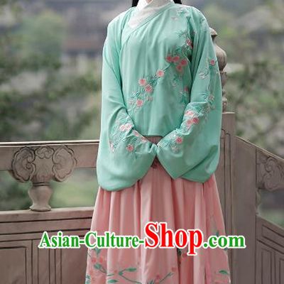 Asian Chinese Ming Dynasty Young Lady Costume Green Blouse, Ancient China Princess Embroidered Hanfu Clothing for Women