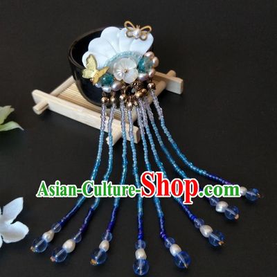 Traditional Handmade Chinese Hair Accessories Hanfu Shell Hairpins, China Ancient Tang Dynasty Palace Lady Blue Beads Tassel Step Shake for Women