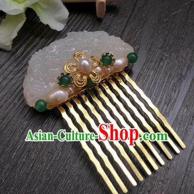 Traditional Handmade Chinese Hair Accessories Hanfu Green Beads Hairpins, China Ancient Tang Dynasty Palace Lady Jade Hair Comb for Women