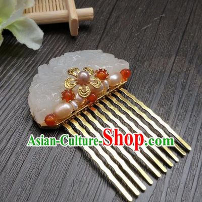 Traditional Handmade Chinese Hair Accessories Hanfu Red Beads Hairpins, China Ancient Tang Dynasty Palace Lady Jade Hair Comb for Women