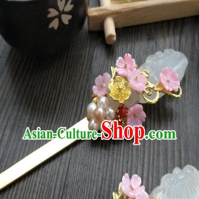 Traditional Handmade Chinese Hair Accessories Pink Flowers Jade Hairpins, China Ancient Tang Dynasty Palace Lady Hanfu Hair Stick for Women