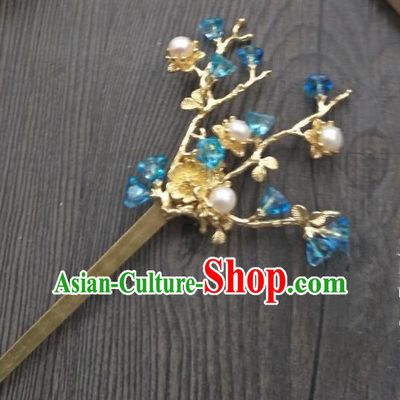 Traditional Handmade Chinese Hair Accessories Blue Crystal Hairpins, China Ancient Tang Dynasty Palace Lady Hanfu Hair Stick for Women
