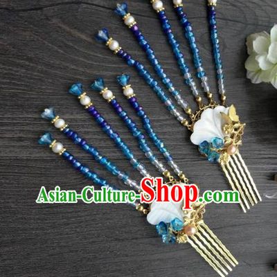Traditional Handmade Chinese Hair Accessories Blue Beads Tassel Hair Comb Kanzashi, China Ancient Palace Lady Hanfu Hairpins for Women