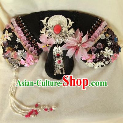 Traditional Handmade Chinese Hair Accessories Qing Dynasty Empress Banners Tassel Headwear, Manchu Imperial Concubine Hairpins for Women
