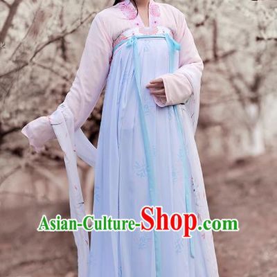 Asian Chinese Tang Dynasty Palace Lady Embroidered Blouse and Slip Skirts, Ancient China Princess Hanfu Clothing for Women