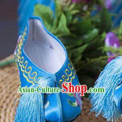 Traditional Chinese Qing Dynasty Princess Blue Embroidered Shoes Saucers, China Ancient Manchu Palace Lady Blood Stained Shoes for Women