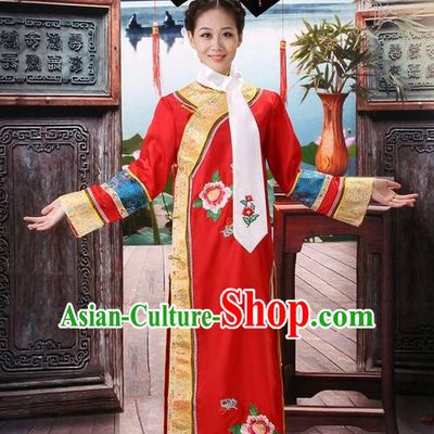 Traditional Ancient Chinese Manchu Palace Lady Red Costume, Asian Chinese Qing Dynasty Princess Embroidered Dress Clothing for Women