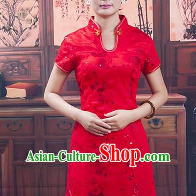 Traditional Ancient Chinese Republic of China Red Wedding Short Cheongsam, Asian Chinese Chirpaur Embroidered Qipao Dress Clothing for Women