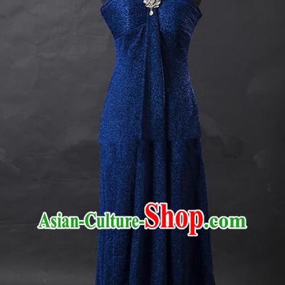 Traditional Chinese Modern Dancing Costume, Women Opening Classic Chorus Singing Group Peacock Blue Full Dress for Women